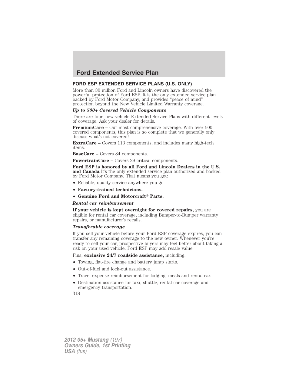 Ford extended service plan, Ford esp extended service plans (u.s. only) | FORD 2012 Shelby GT 500 v.1 User Manual | Page 318 / 346