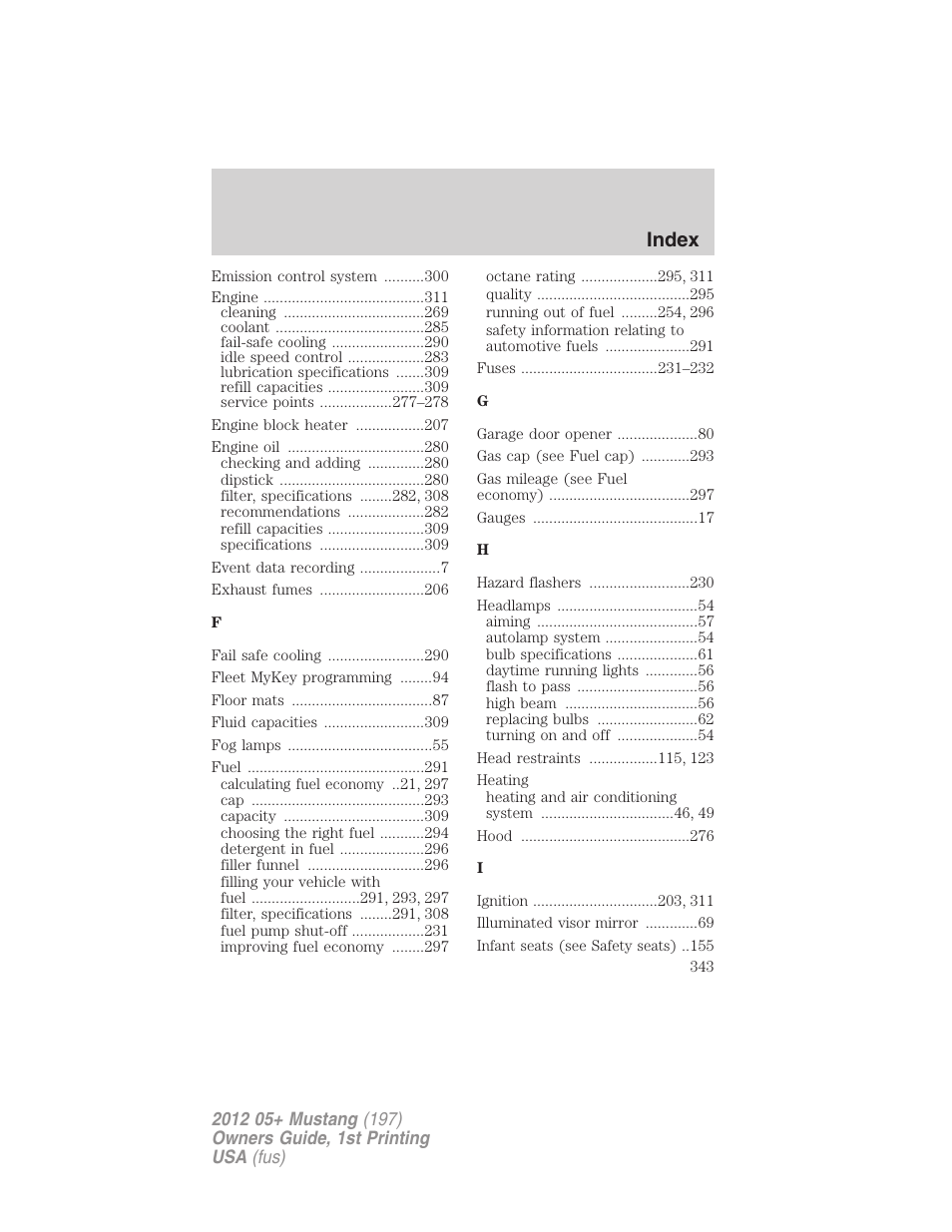 Index | FORD 2012 Shelby GT 500 v.1 User Manual | Page 343 / 346