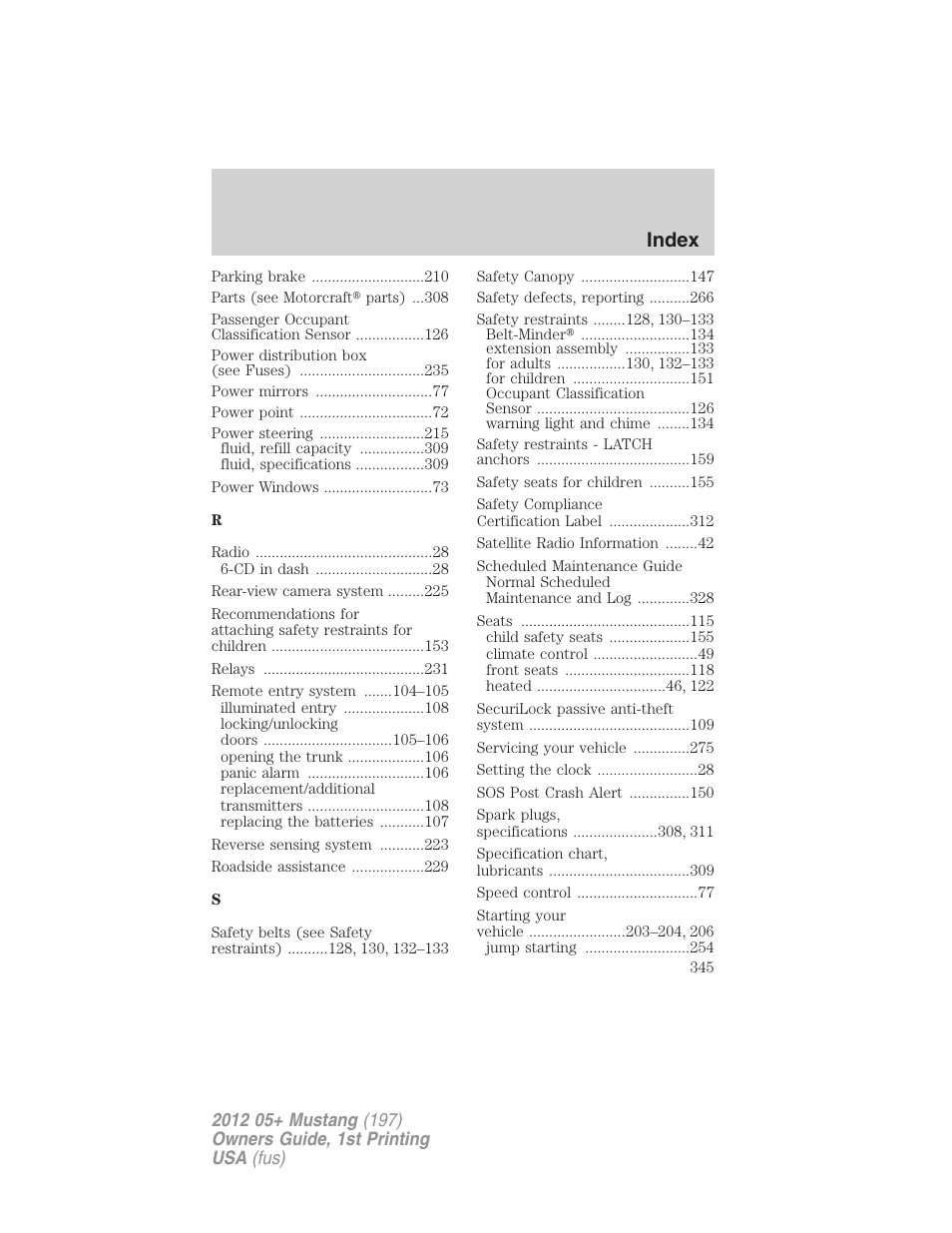 Index | FORD 2012 Shelby GT 500 v.1 User Manual | Page 345 / 346