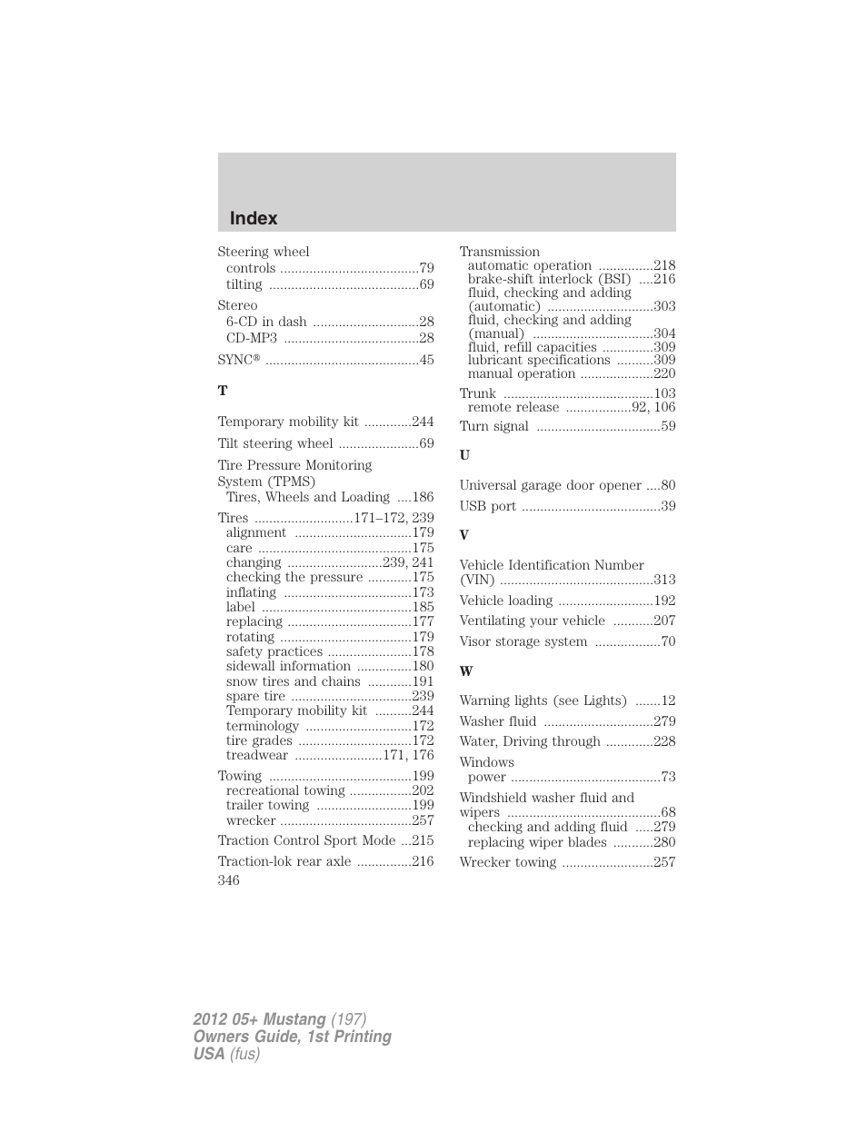 Index | FORD 2012 Shelby GT 500 v.1 User Manual | Page 346 / 346