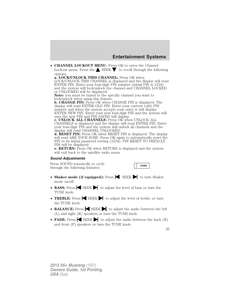 Sound adjustments, Entertainment systems | FORD 2012 Shelby GT 500 v.1 User Manual | Page 35 / 346