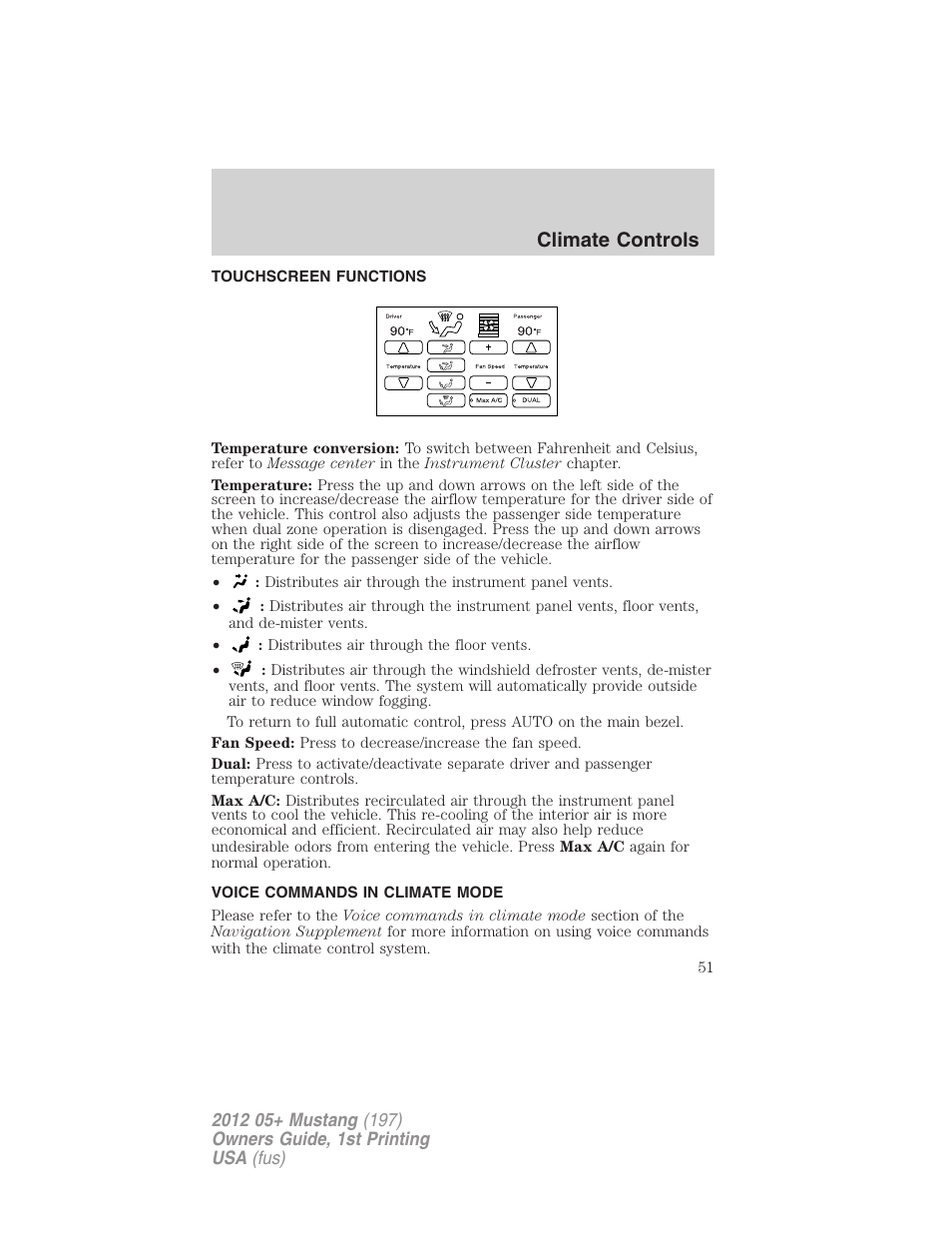 Touchscreen functions, Voice commands in climate mode, Climate controls | FORD 2012 Shelby GT 500 v.1 User Manual | Page 51 / 346