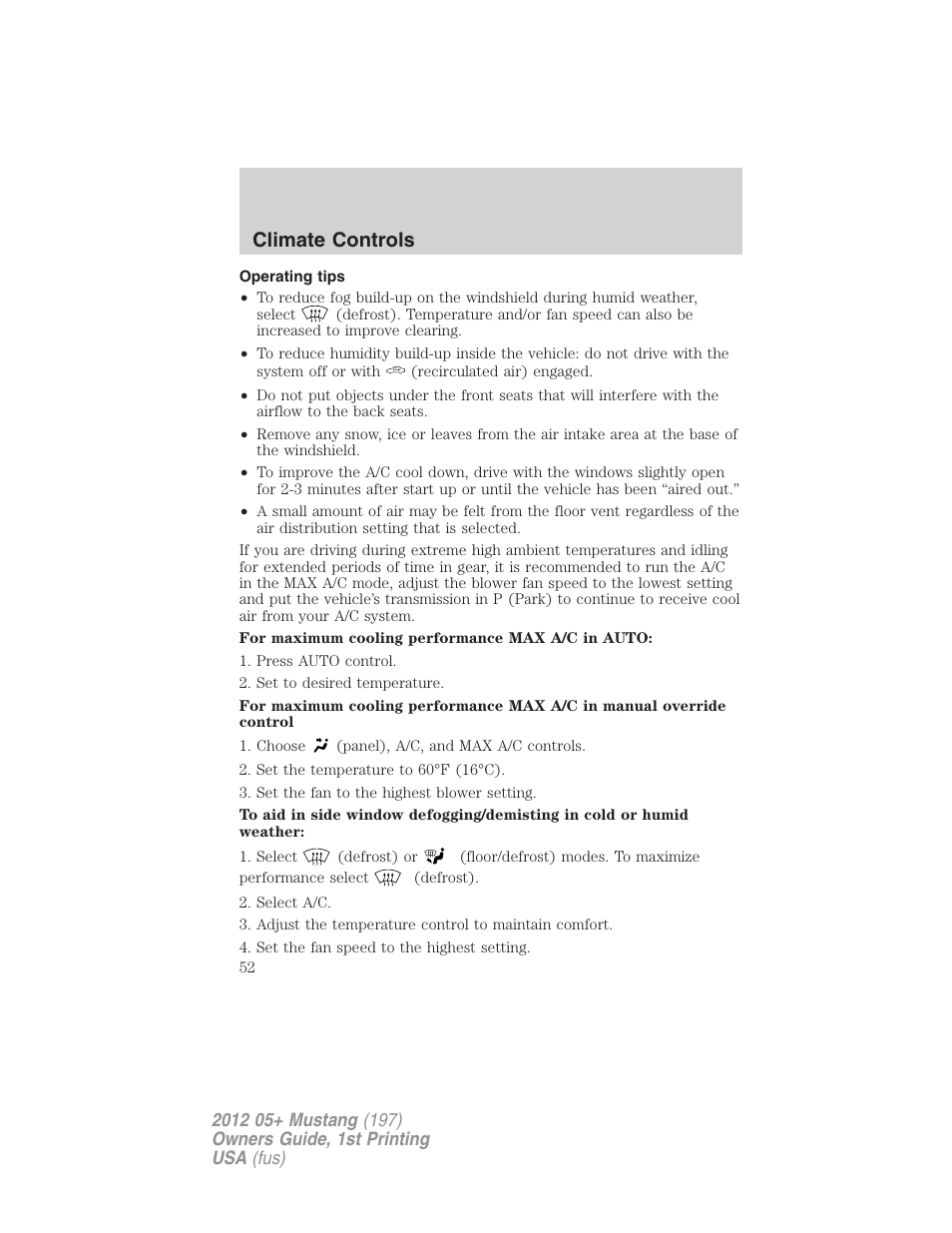 Operating tips, Climate controls | FORD 2012 Shelby GT 500 v.1 User Manual | Page 52 / 346