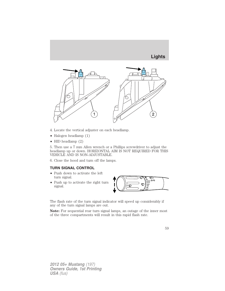 Turn signal control, Lights | FORD 2012 Shelby GT 500 v.1 User Manual | Page 59 / 346
