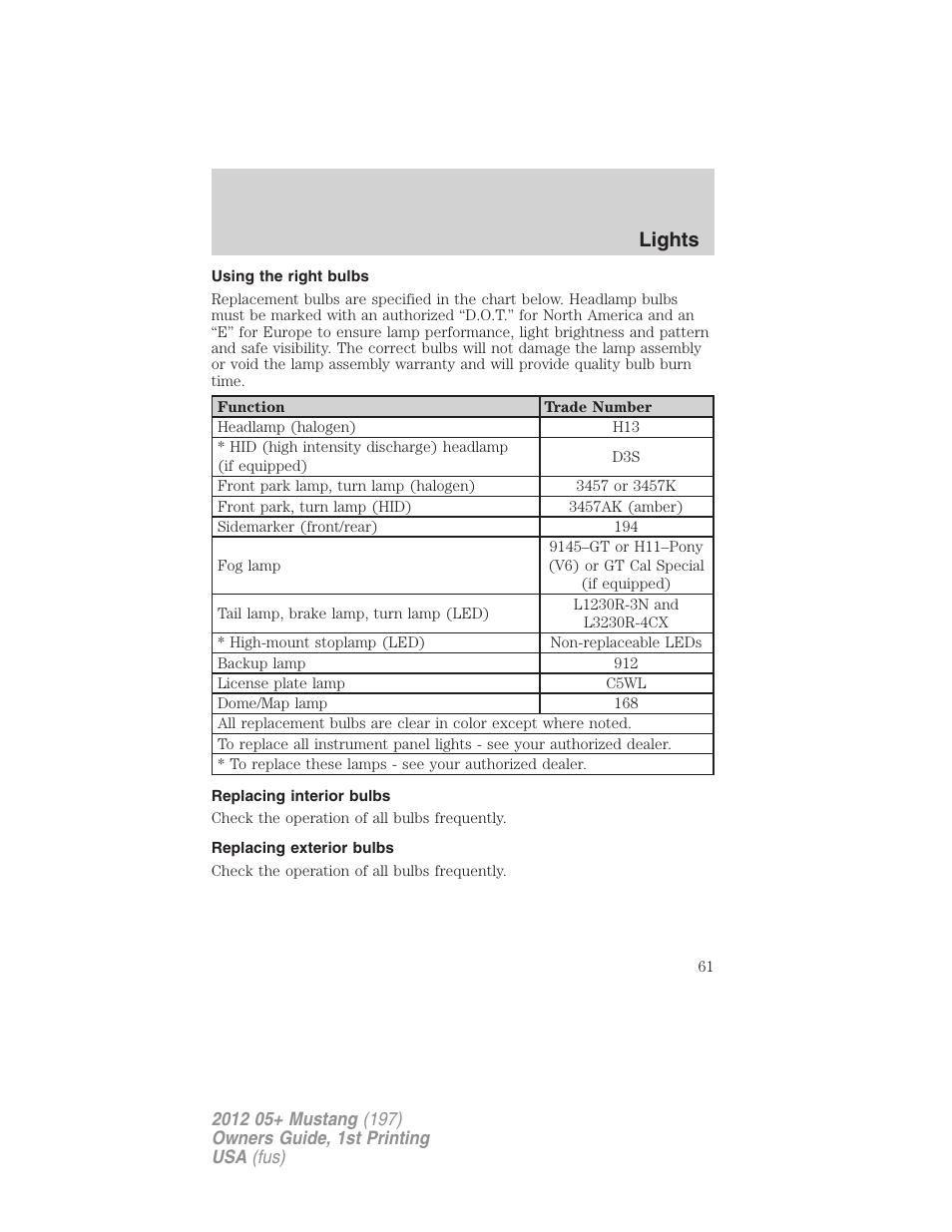 Using the right bulbs, Replacing interior bulbs, Replacing exterior bulbs | Lights | FORD 2012 Shelby GT 500 v.1 User Manual | Page 61 / 346