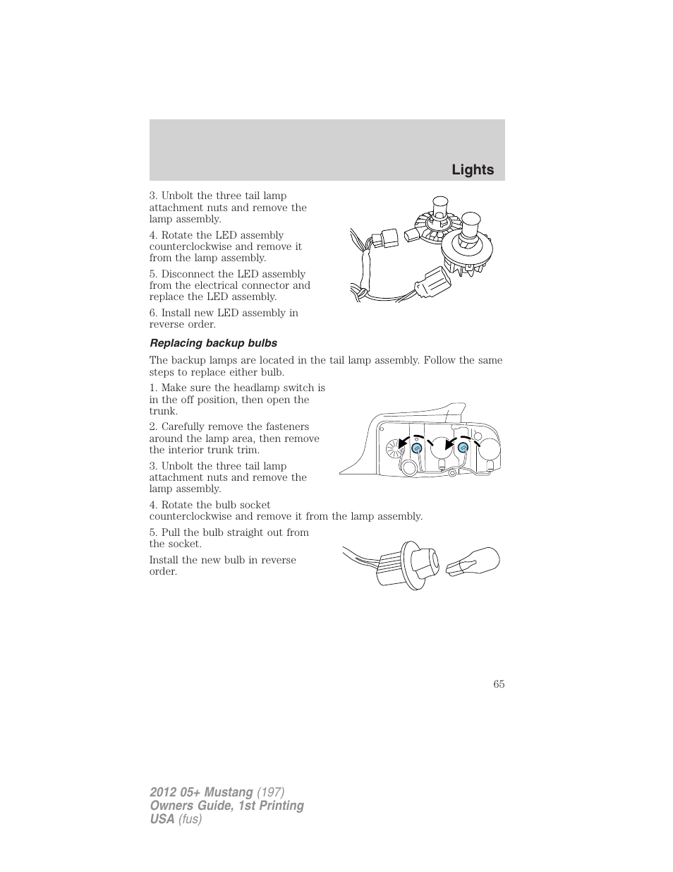 Replacing backup bulbs, Lights | FORD 2012 Shelby GT 500 v.1 User Manual | Page 65 / 346
