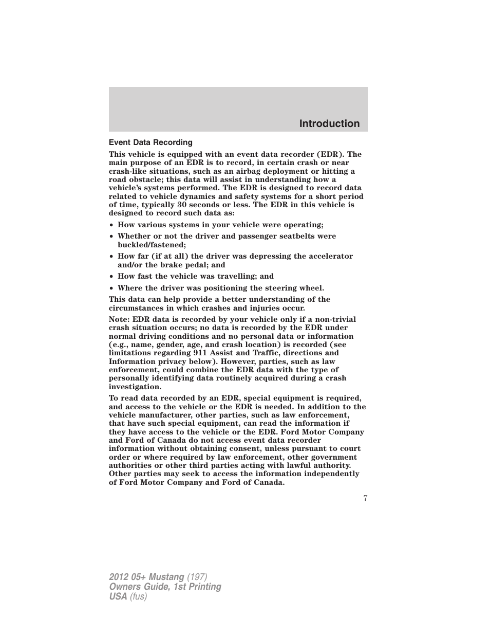 Event data recording, Introduction | FORD 2012 Shelby GT 500 v.1 User Manual | Page 7 / 346