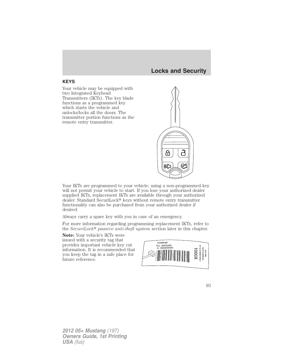 Locks and security, Keys | FORD 2012 Shelby GT 500 v.1 User Manual | Page 93 / 346