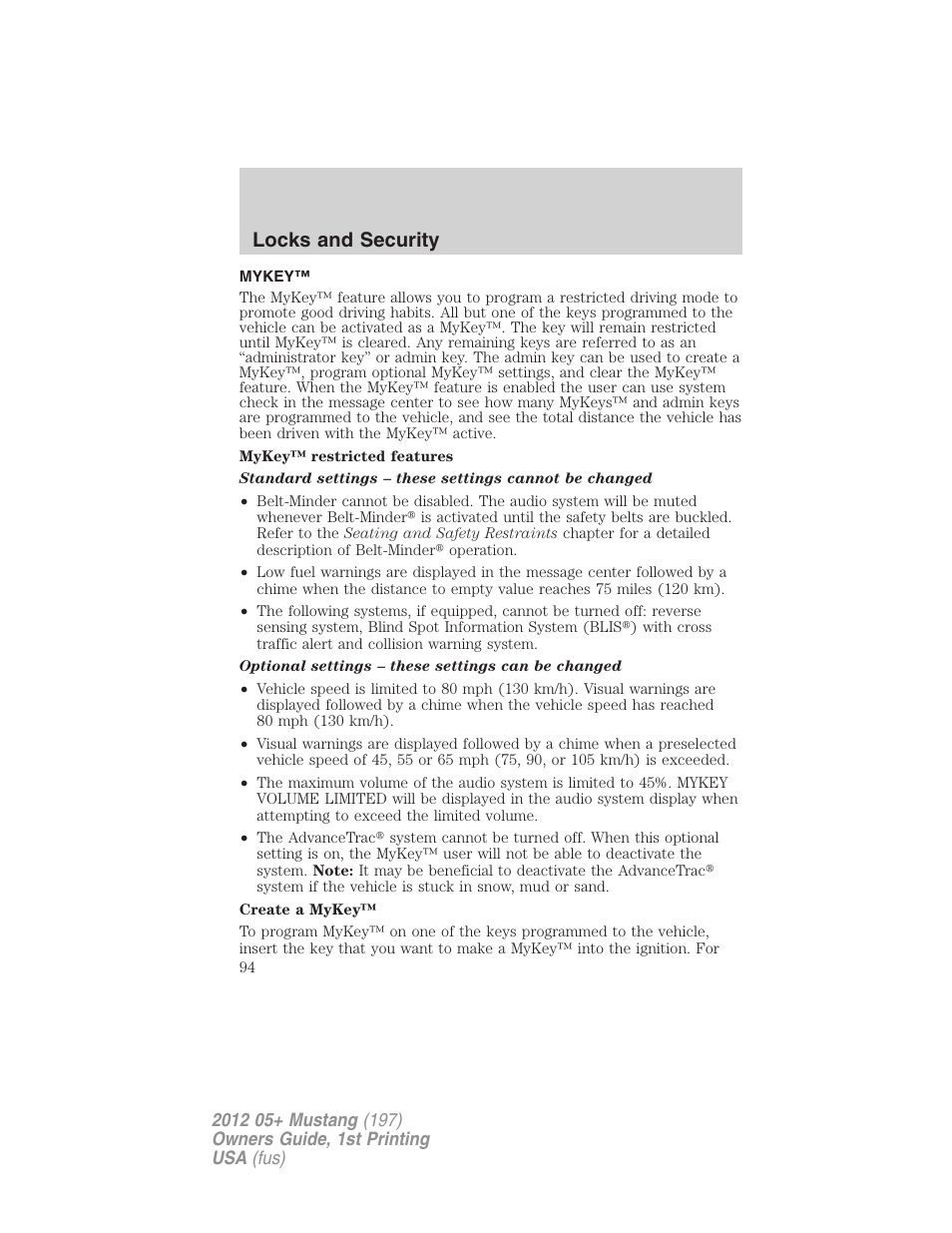 Mykey, Locks and security | FORD 2012 Shelby GT 500 v.1 User Manual | Page 94 / 346