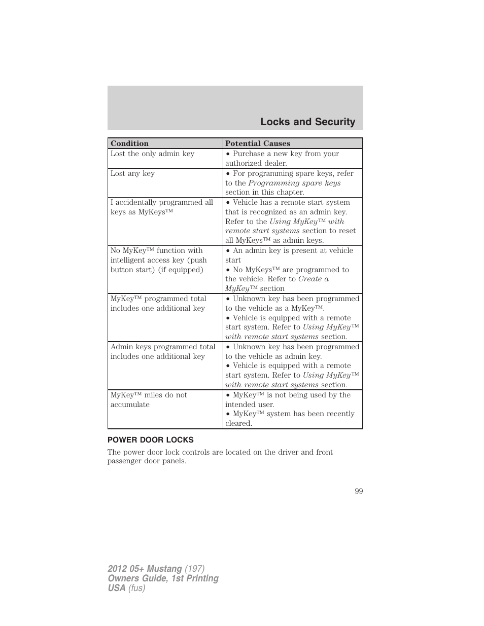 Power door locks, Locks, Locks and security | FORD 2012 Shelby GT 500 v.1 User Manual | Page 99 / 346
