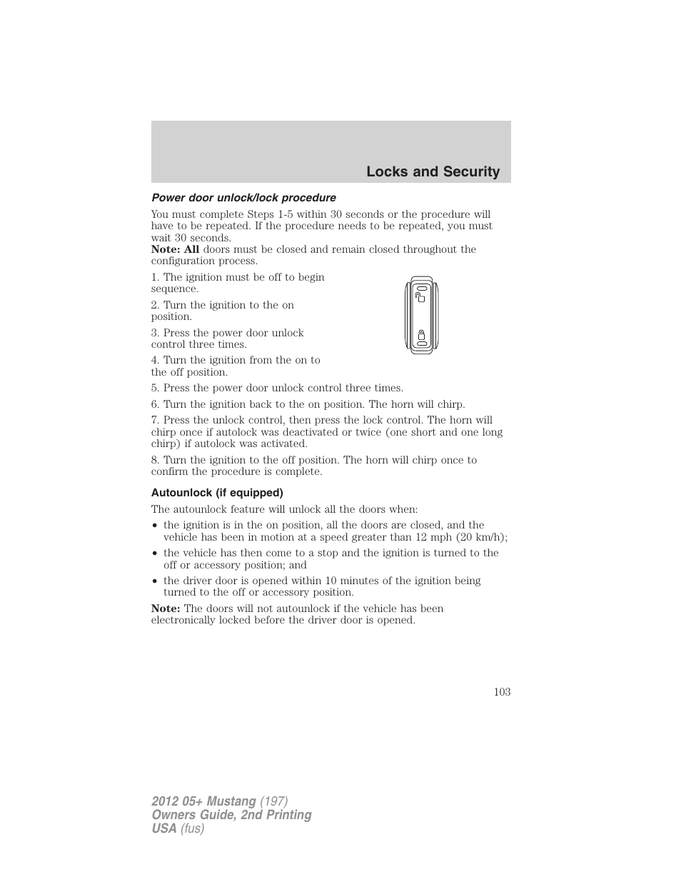 Power door unlock/lock procedure, Autounlock (if equipped), Locks and security | FORD 2012 Shelby GT 500 v.2 User Manual | Page 103 / 343