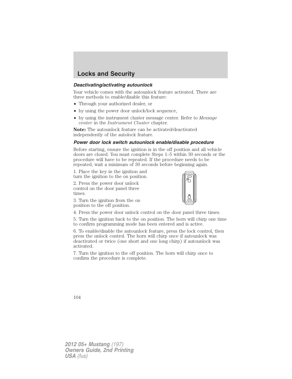 Deactivating/activating autounlock, Locks and security | FORD 2012 Shelby GT 500 v.2 User Manual | Page 104 / 343