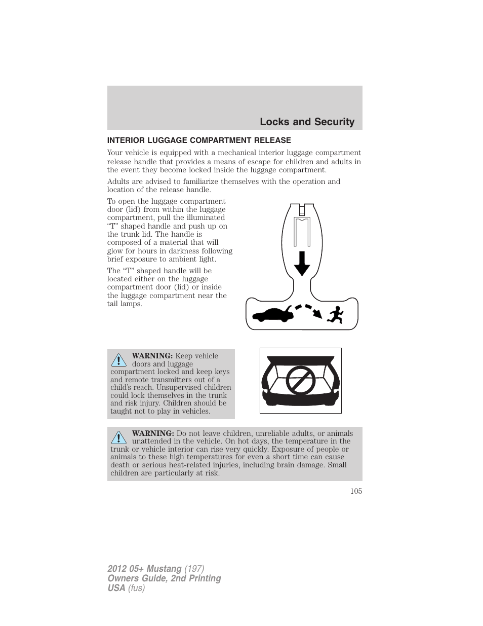 Interior luggage compartment release, Locks and security | FORD 2012 Shelby GT 500 v.2 User Manual | Page 105 / 343