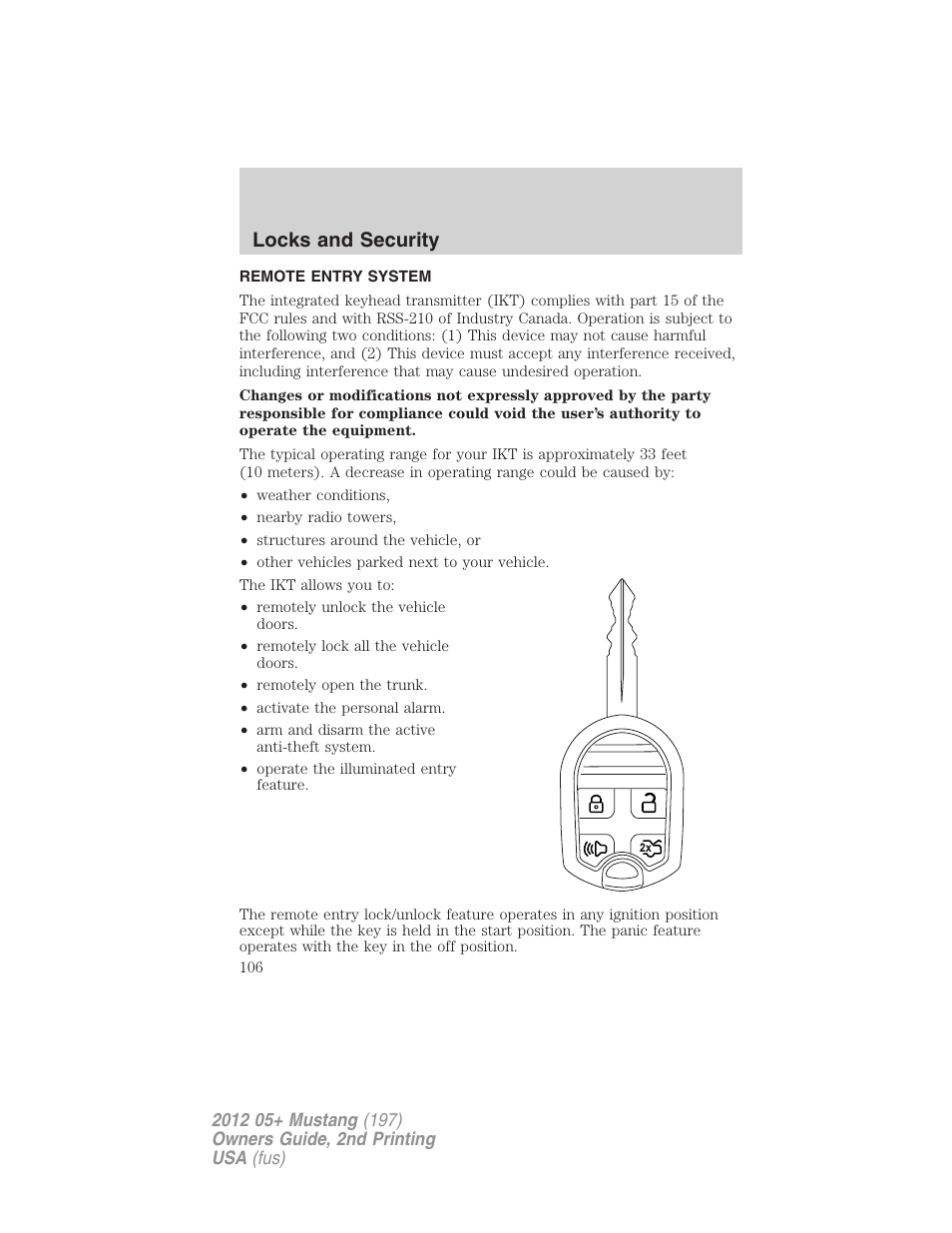 Remote entry system, Locks and security | FORD 2012 Shelby GT 500 v.2 User Manual | Page 106 / 343
