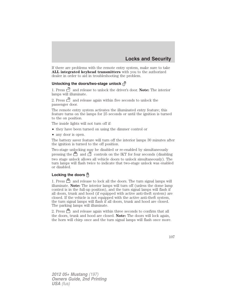 Unlocking the doors/two-stage unlock, Locking the doors, Locks and security | FORD 2012 Shelby GT 500 v.2 User Manual | Page 107 / 343