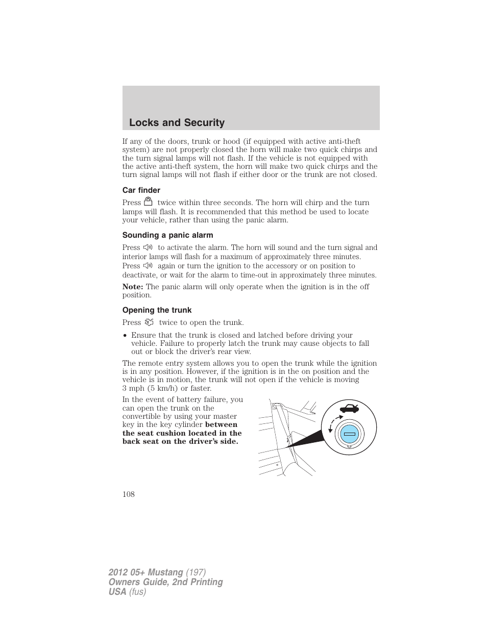 Car finder, Sounding a panic alarm, Opening the trunk | Locks and security | FORD 2012 Shelby GT 500 v.2 User Manual | Page 108 / 343