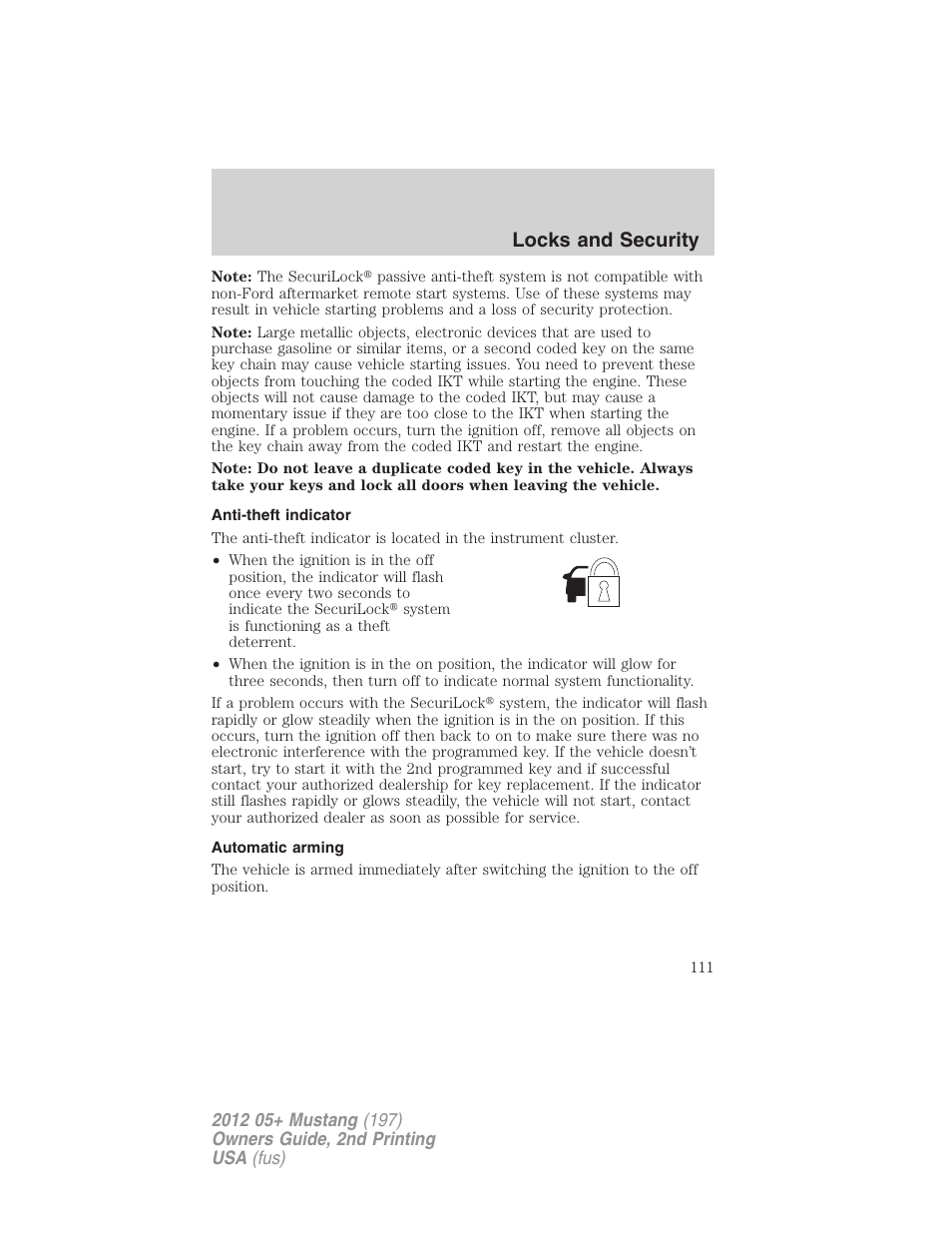 Anti-theft indicator, Automatic arming, Locks and security | FORD 2012 Shelby GT 500 v.2 User Manual | Page 111 / 343