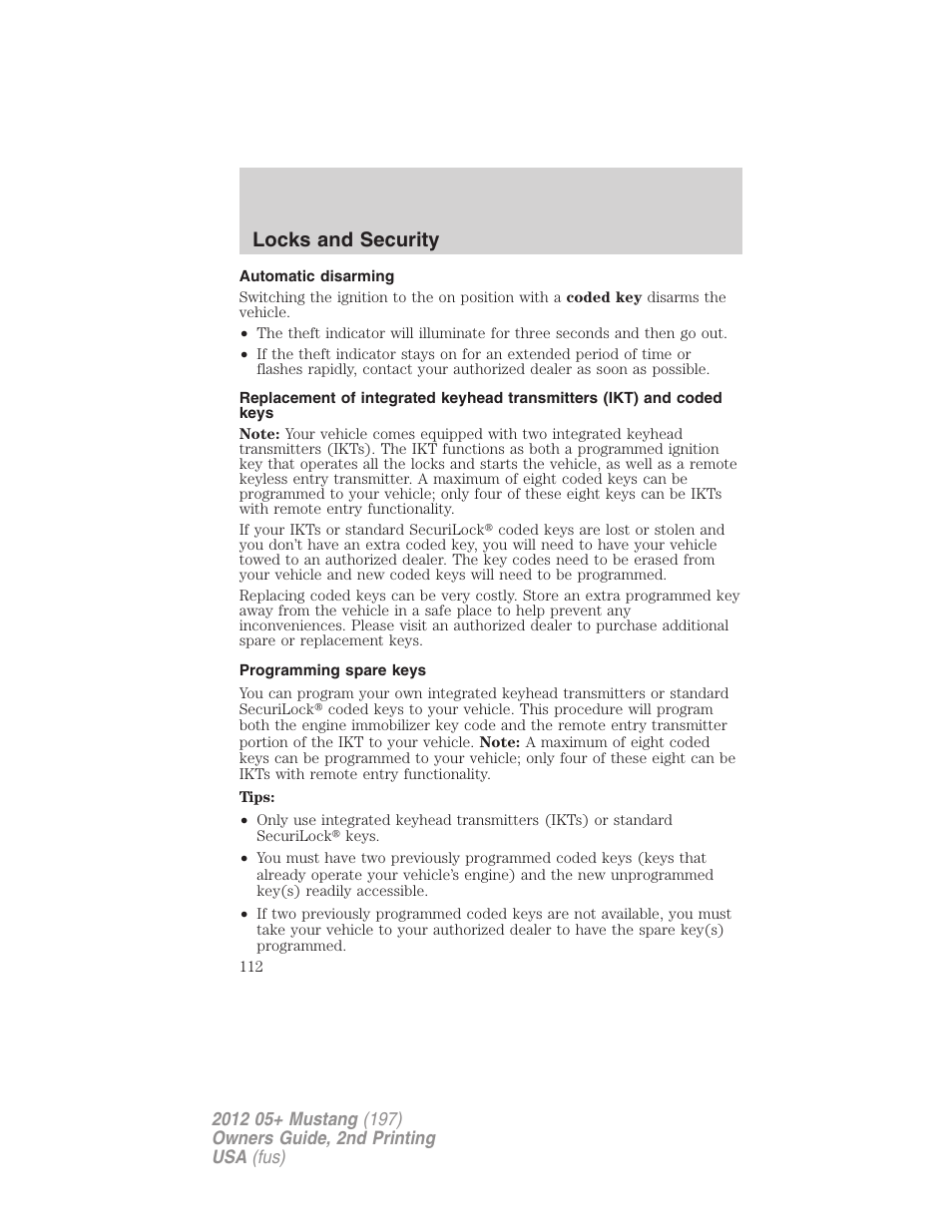 Automatic disarming, Programming spare keys, Locks and security | FORD 2012 Shelby GT 500 v.2 User Manual | Page 112 / 343