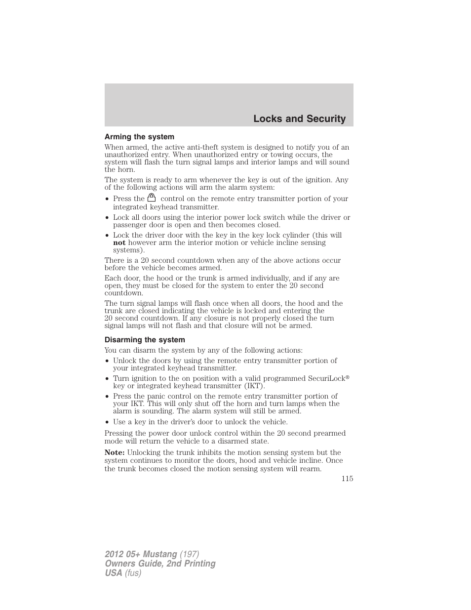 Arming the system, Disarming the system, Locks and security | FORD 2012 Shelby GT 500 v.2 User Manual | Page 115 / 343