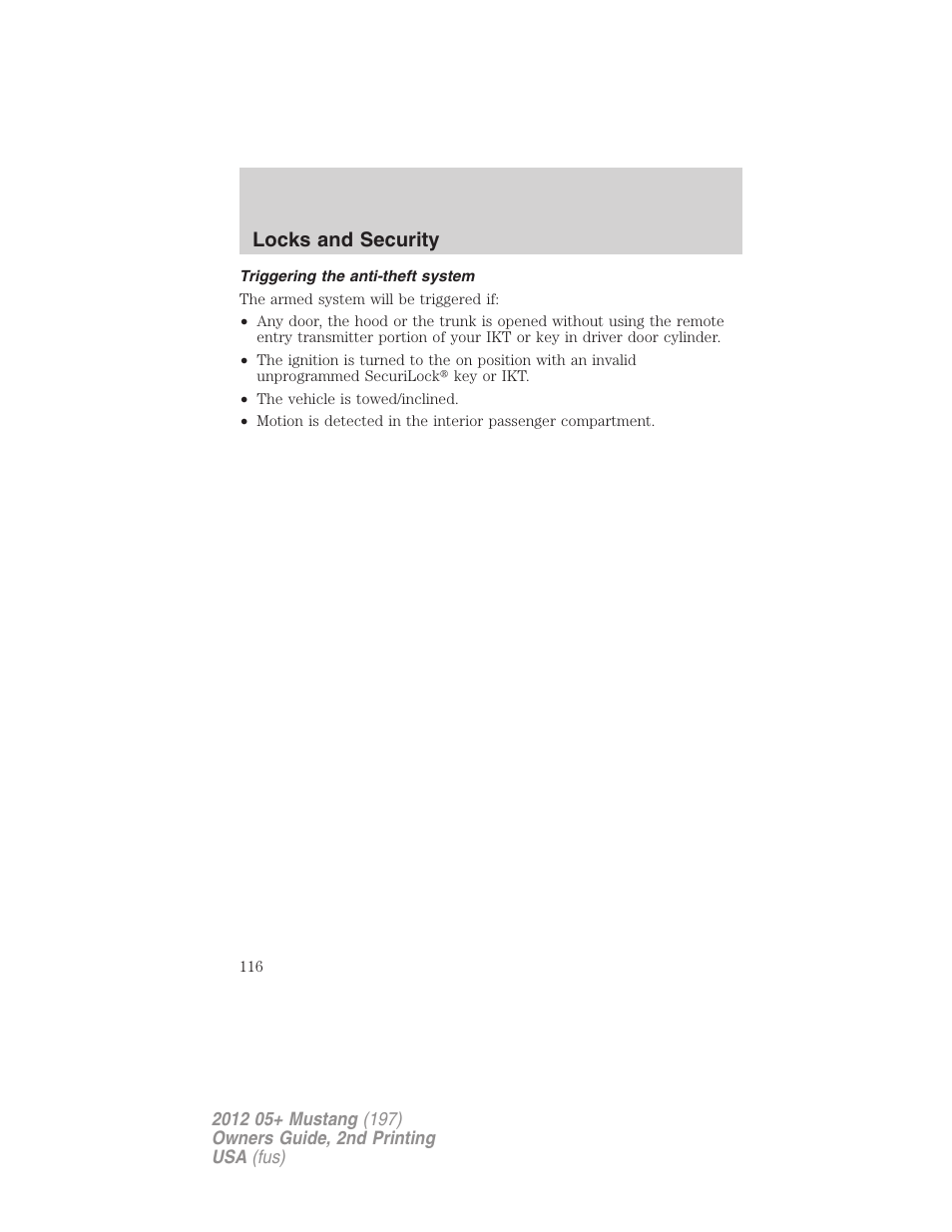 Triggering the anti-theft system, Locks and security | FORD 2012 Shelby GT 500 v.2 User Manual | Page 116 / 343