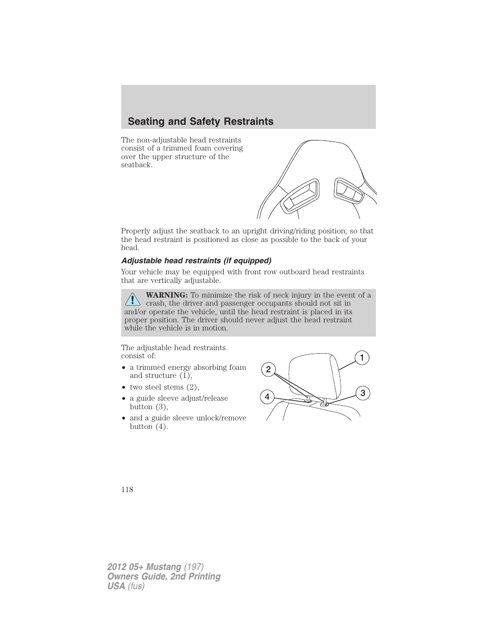 Adjustable head restraints (if equipped), Seating and safety restraints | FORD 2012 Shelby GT 500 v.2 User Manual | Page 118 / 343