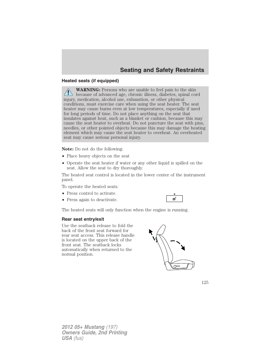 Heated seats (if equipped), Rear seat entry/exit, Seating and safety restraints | FORD 2012 Shelby GT 500 v.2 User Manual | Page 125 / 343