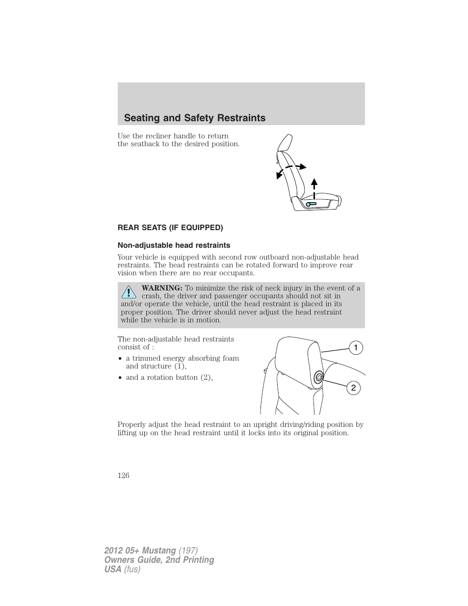 Rear seats (if equipped), Non-adjustable head restraints, Seating and safety restraints | FORD 2012 Shelby GT 500 v.2 User Manual | Page 126 / 343