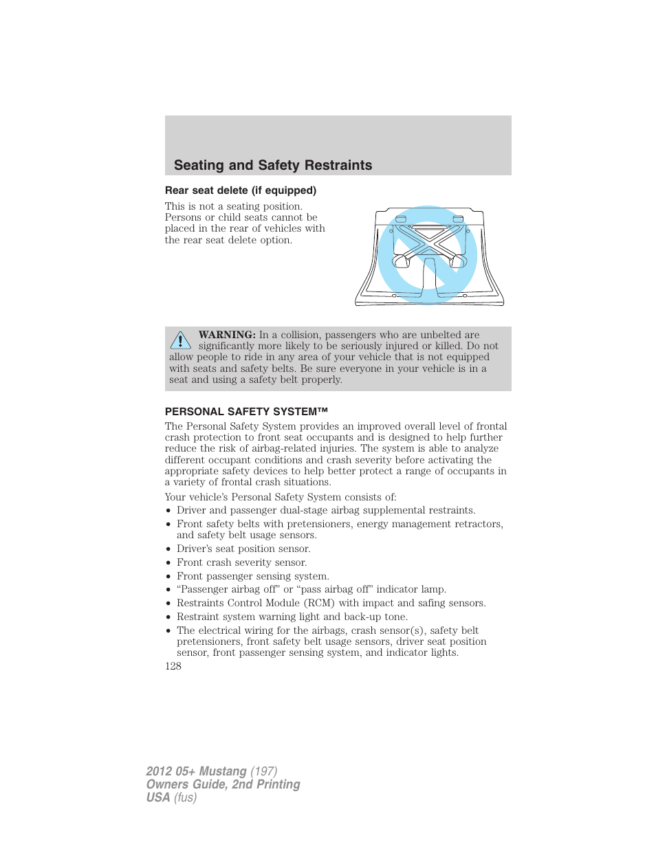 Rear seat delete (if equipped), Personal safety system, Seating and safety restraints | FORD 2012 Shelby GT 500 v.2 User Manual | Page 128 / 343