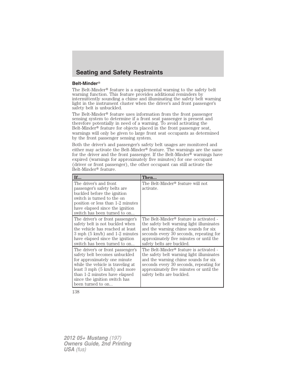 Belt-minder, Seating and safety restraints | FORD 2012 Shelby GT 500 v.2 User Manual | Page 138 / 343