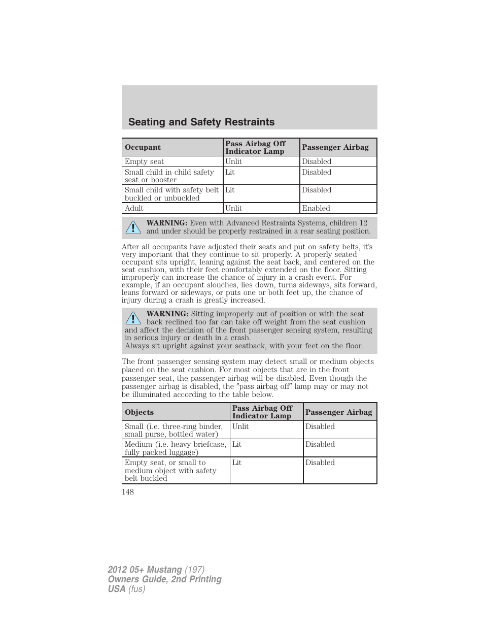 Seating and safety restraints | FORD 2012 Shelby GT 500 v.2 User Manual | Page 148 / 343