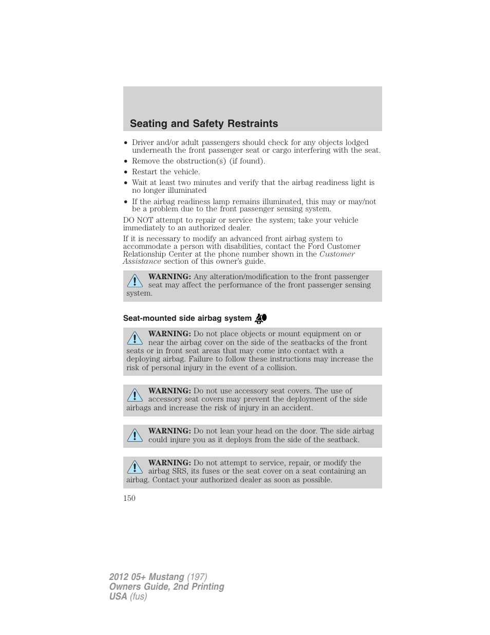 Seat-mounted side airbag system, Seating and safety restraints | FORD 2012 Shelby GT 500 v.2 User Manual | Page 150 / 343