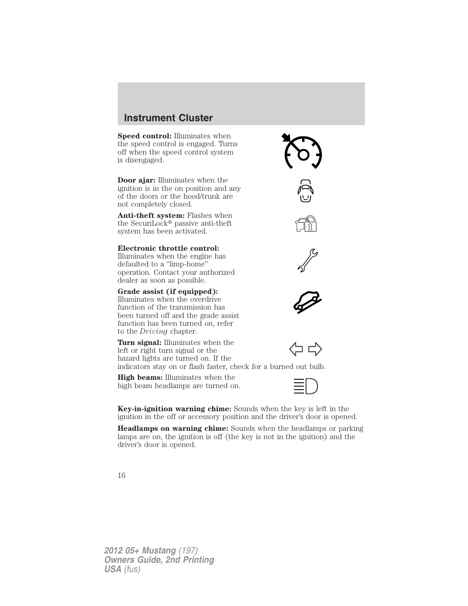 Instrument cluster | FORD 2012 Shelby GT 500 v.2 User Manual | Page 16 / 343