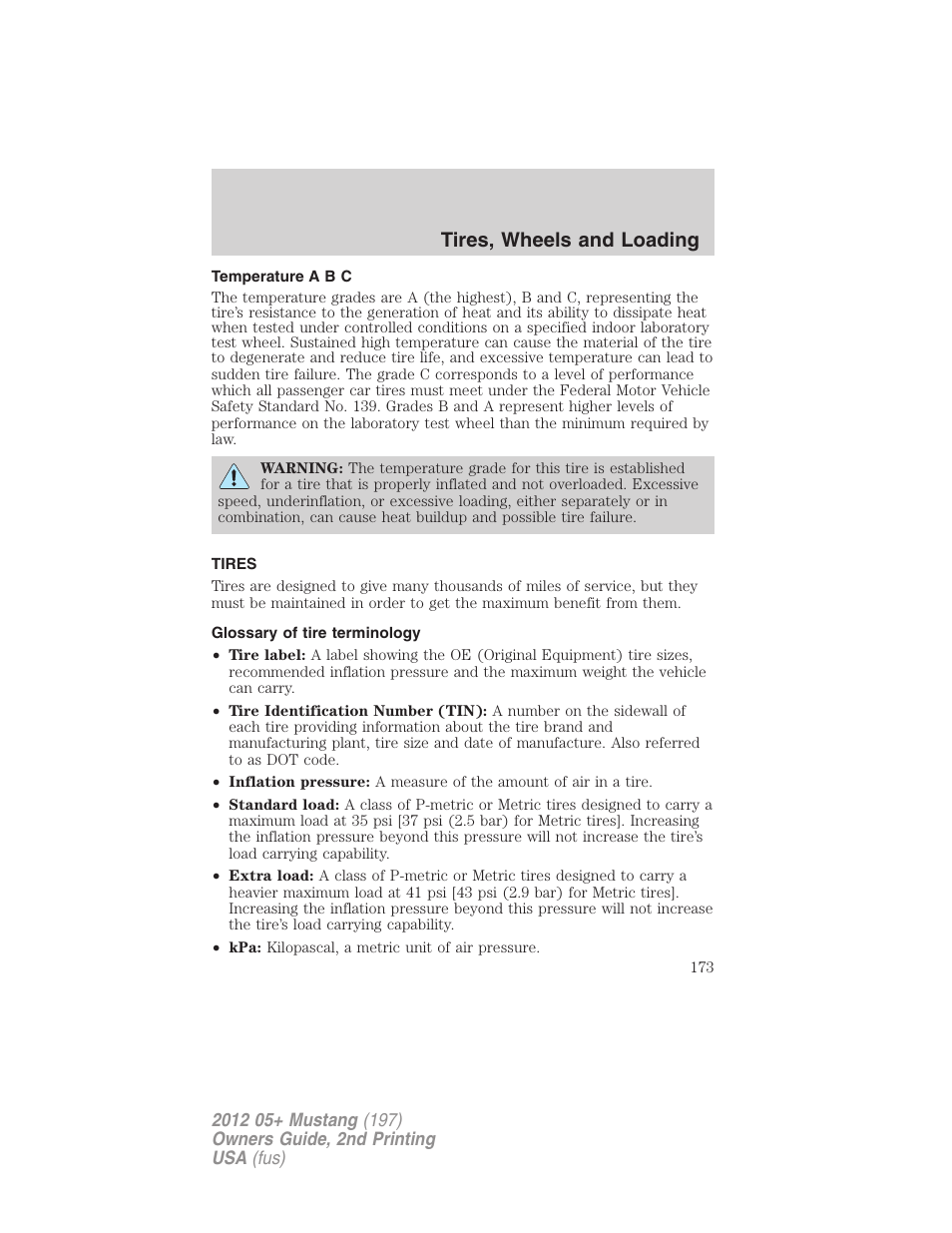 Temperature a b c, Tires, Glossary of tire terminology | Tires, wheels and loading | FORD 2012 Shelby GT 500 v.2 User Manual | Page 173 / 343