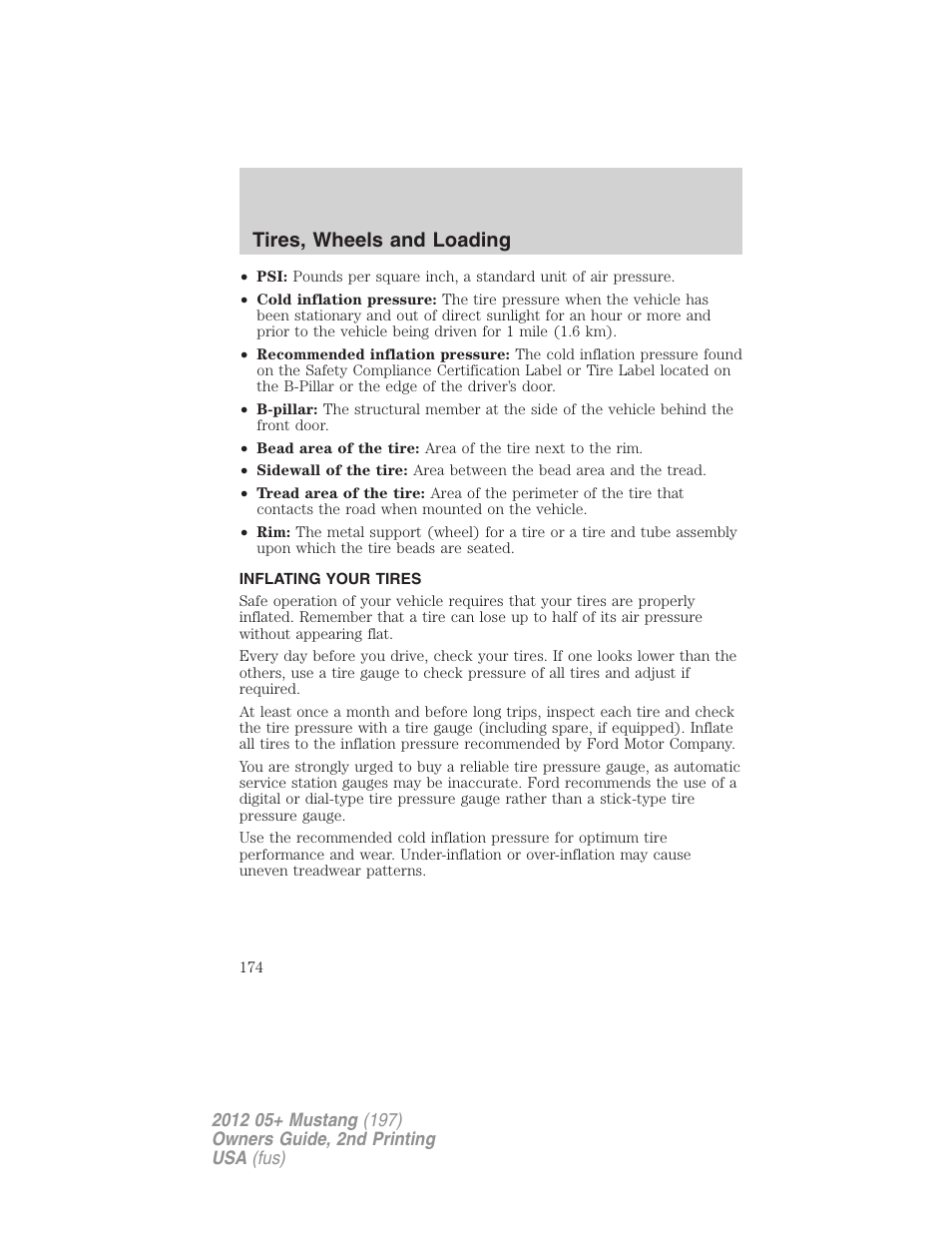 Inflating your tires, Tire inflation, Tires, wheels and loading | FORD 2012 Shelby GT 500 v.2 User Manual | Page 174 / 343