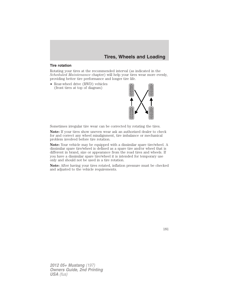 Tire rotation, Tires, wheels and loading | FORD 2012 Shelby GT 500 v.2 User Manual | Page 181 / 343