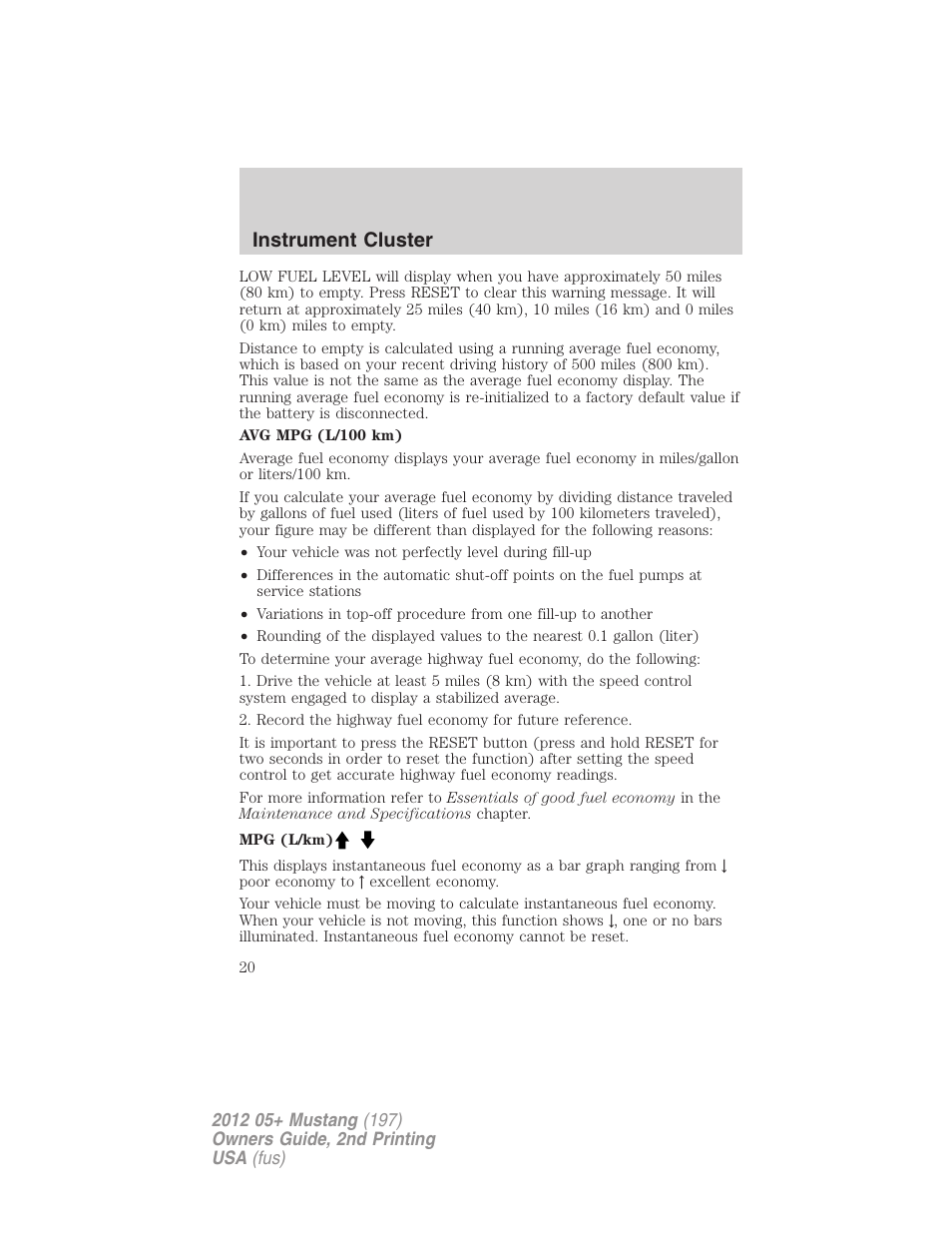 Instrument cluster | FORD 2012 Shelby GT 500 v.2 User Manual | Page 20 / 343