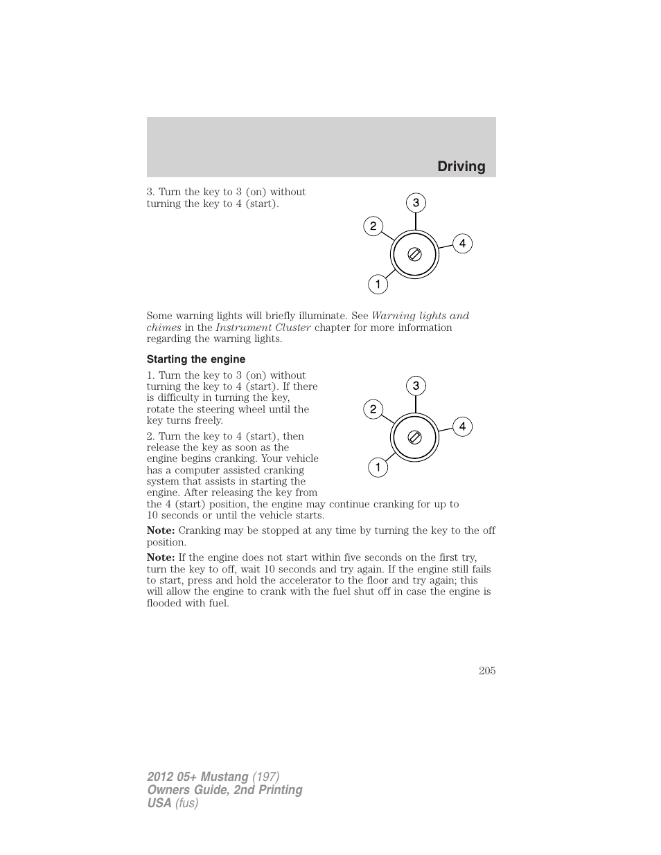 Starting the engine, Driving | FORD 2012 Shelby GT 500 v.2 User Manual | Page 205 / 343