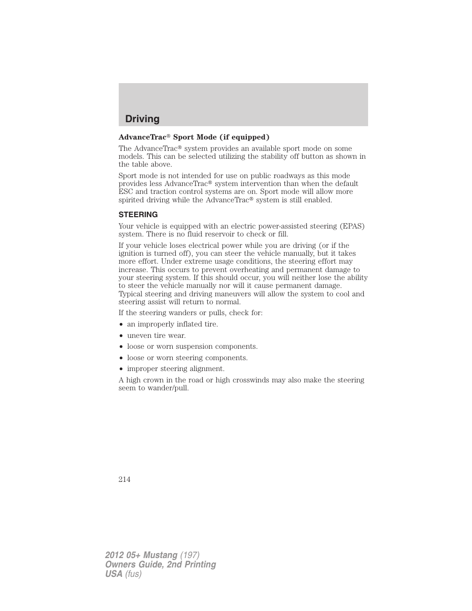 Steering, Driving | FORD 2012 Shelby GT 500 v.2 User Manual | Page 214 / 343