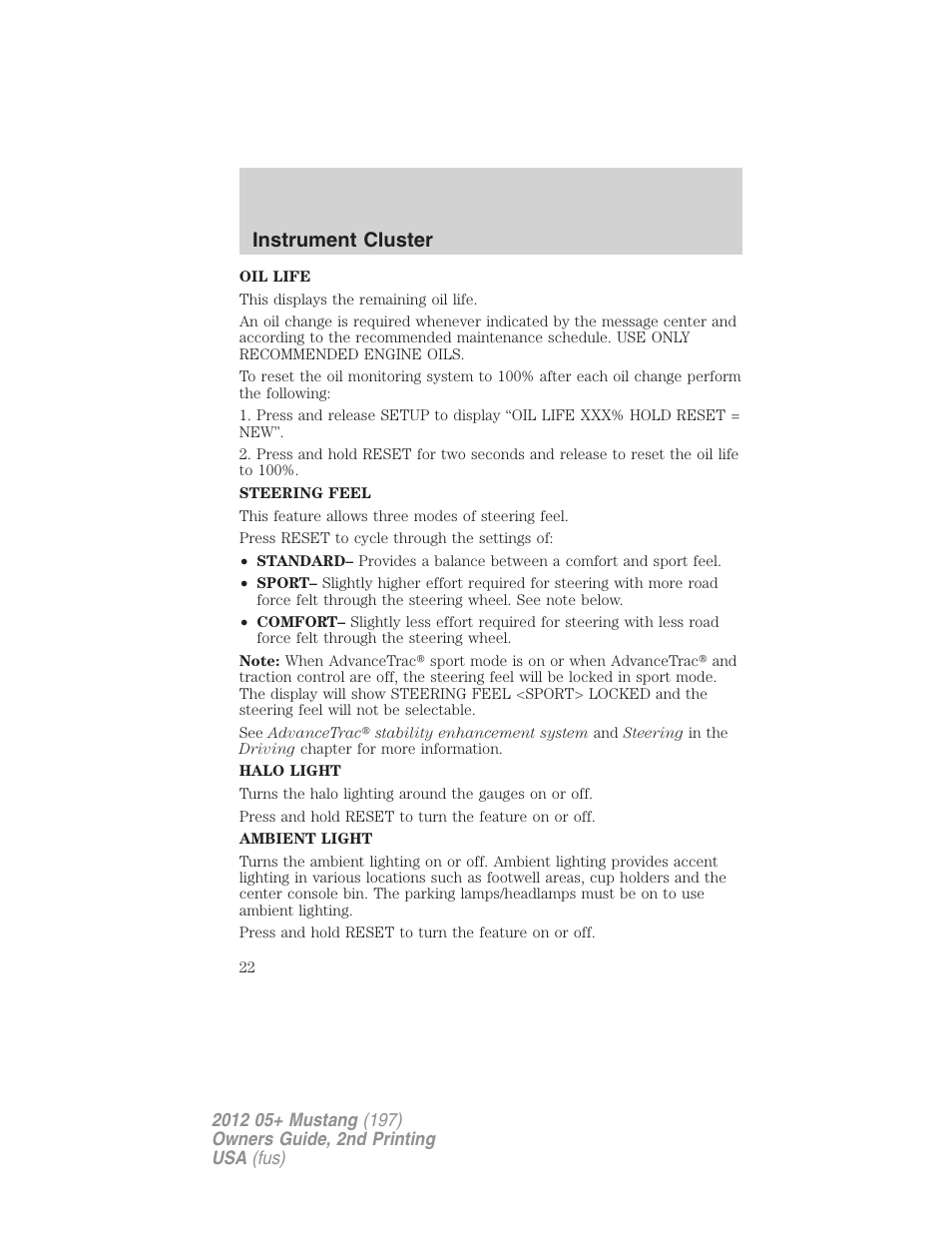 Instrument cluster | FORD 2012 Shelby GT 500 v.2 User Manual | Page 22 / 343