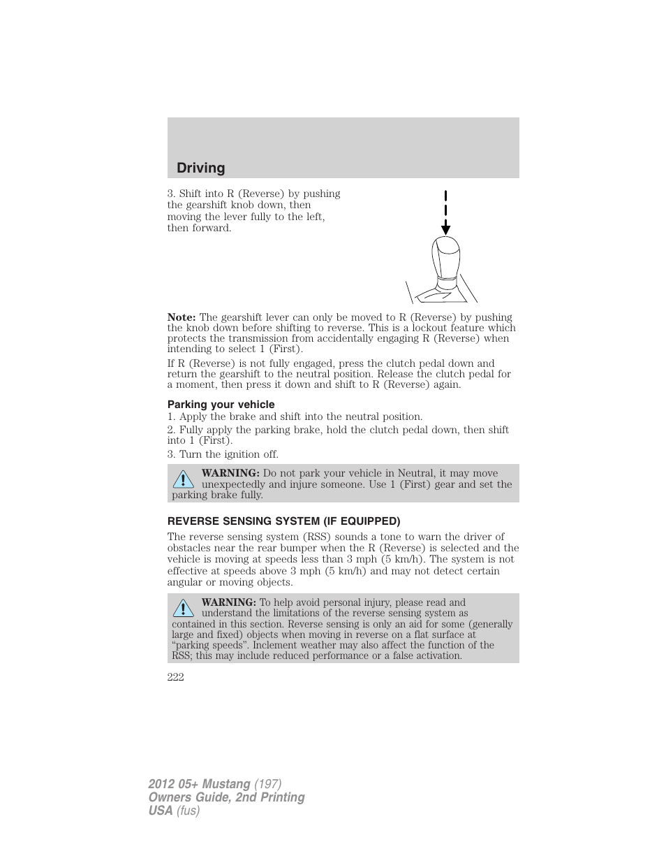 Parking your vehicle, Reverse sensing system (if equipped), Reverse sensing system | Driving | FORD 2012 Shelby GT 500 v.2 User Manual | Page 222 / 343