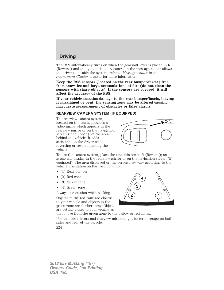 Rearview camera system (if equipped), Rear-view camera system, Driving | FORD 2012 Shelby GT 500 v.2 User Manual | Page 224 / 343