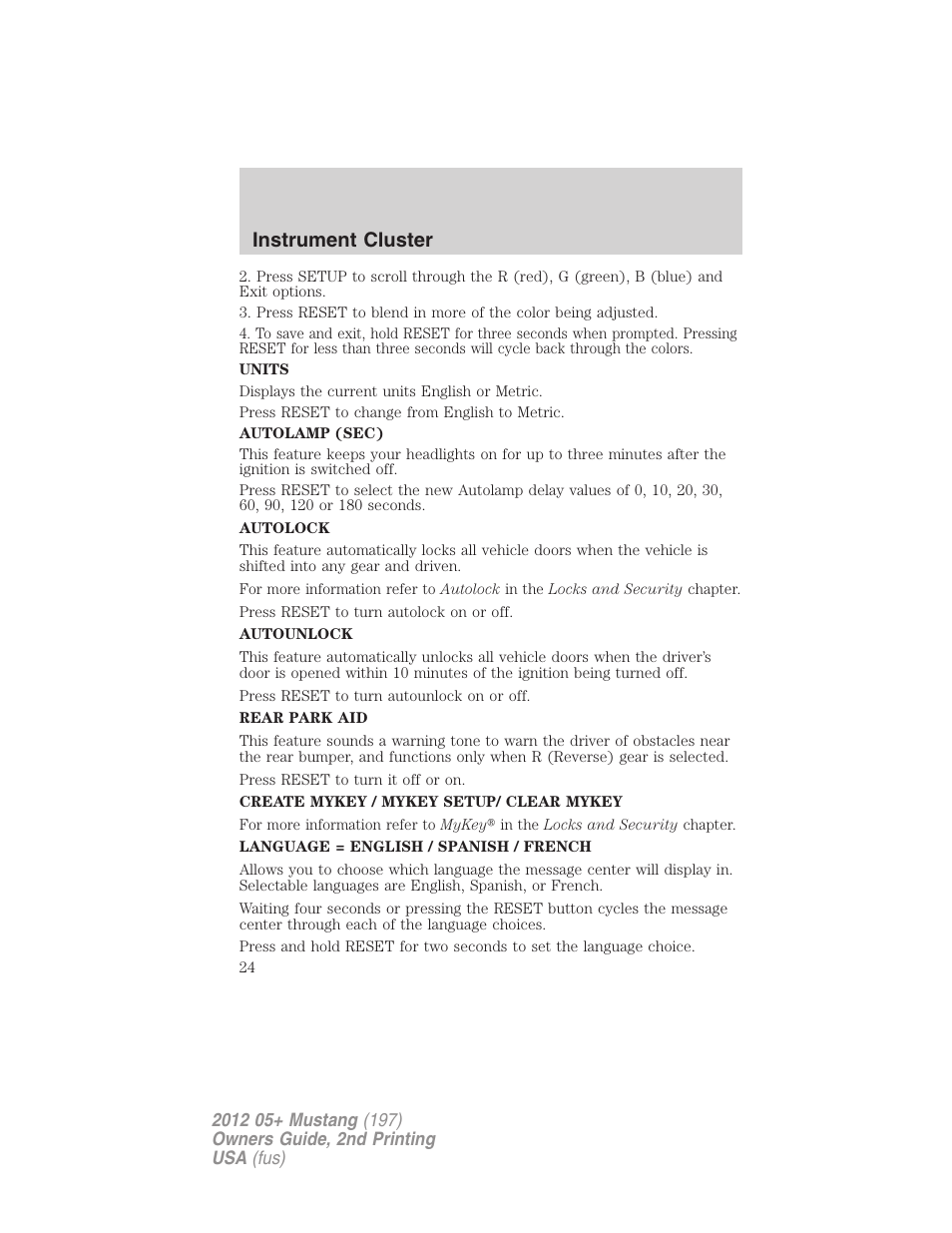 Instrument cluster | FORD 2012 Shelby GT 500 v.2 User Manual | Page 24 / 343