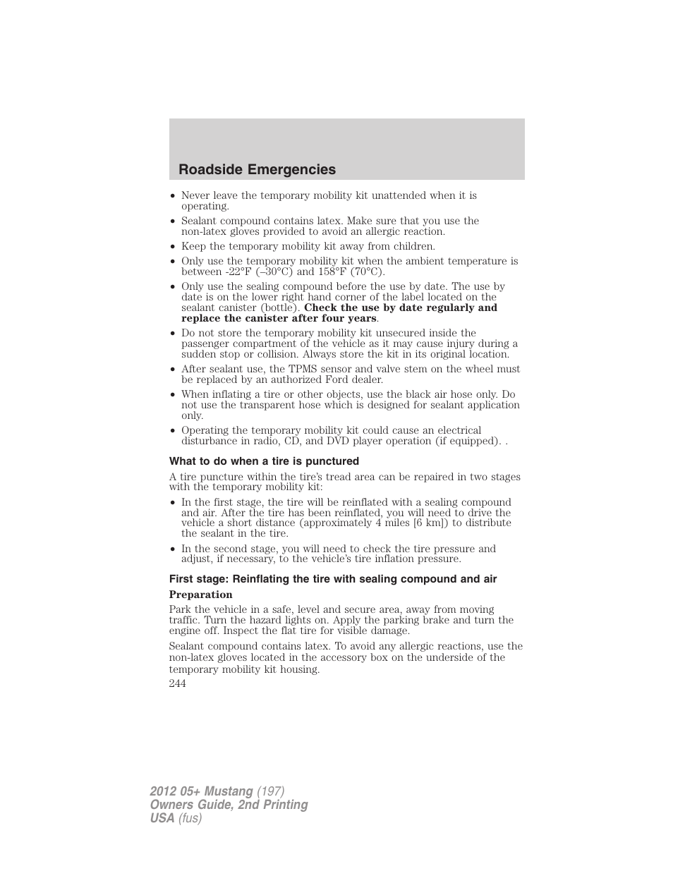 What to do when a tire is punctured, Roadside emergencies | FORD 2012 Shelby GT 500 v.2 User Manual | Page 244 / 343