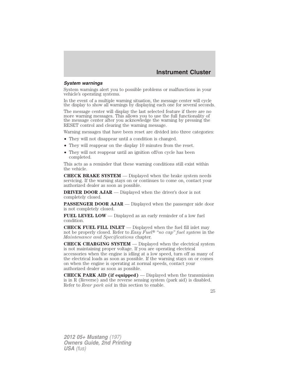 System warnings, Instrument cluster | FORD 2012 Shelby GT 500 v.2 User Manual | Page 25 / 343