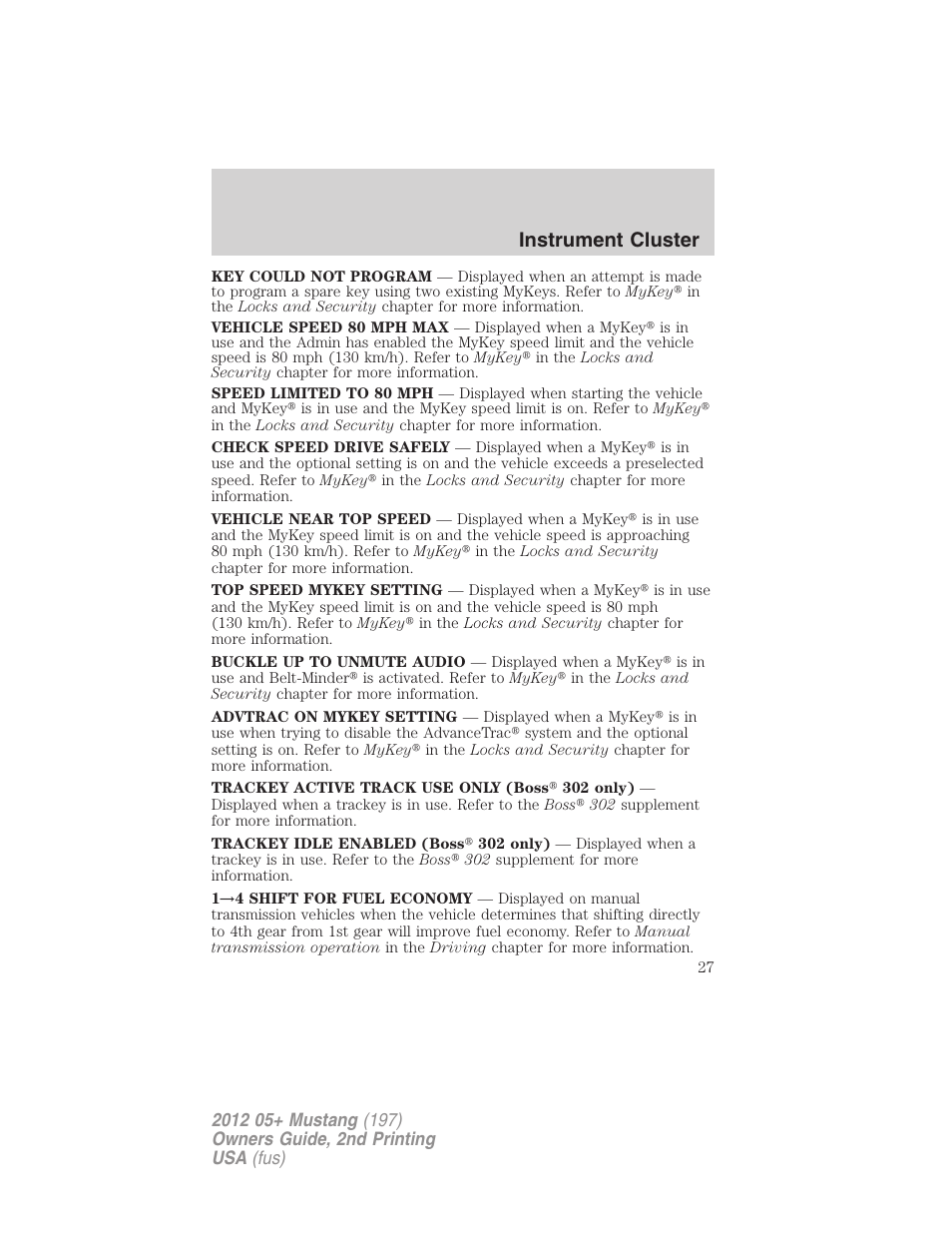 Instrument cluster | FORD 2012 Shelby GT 500 v.2 User Manual | Page 27 / 343