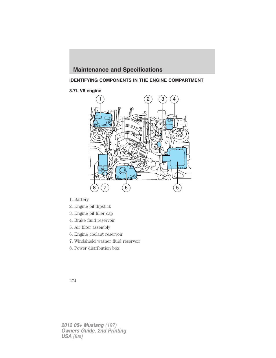 Identifying components in the engine compartment, 7l v6 engine, Engine compartment | Maintenance and specifications | FORD 2012 Shelby GT 500 v.2 User Manual | Page 274 / 343