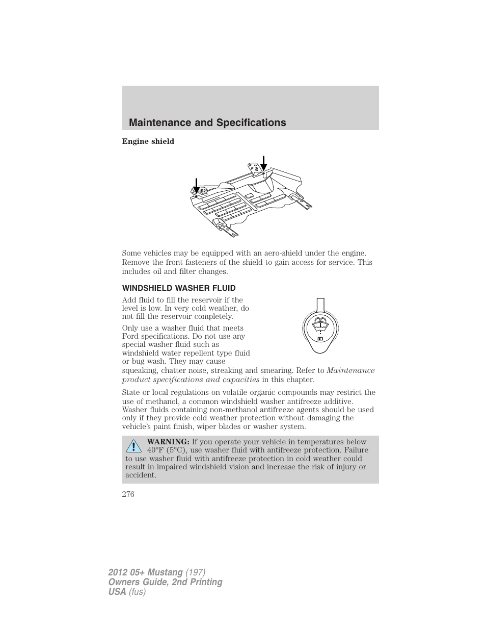 Windshield washer fluid, Maintenance and specifications | FORD 2012 Shelby GT 500 v.2 User Manual | Page 276 / 343