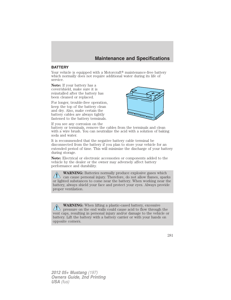 Battery, Maintenance and specifications | FORD 2012 Shelby GT 500 v.2 User Manual | Page 281 / 343