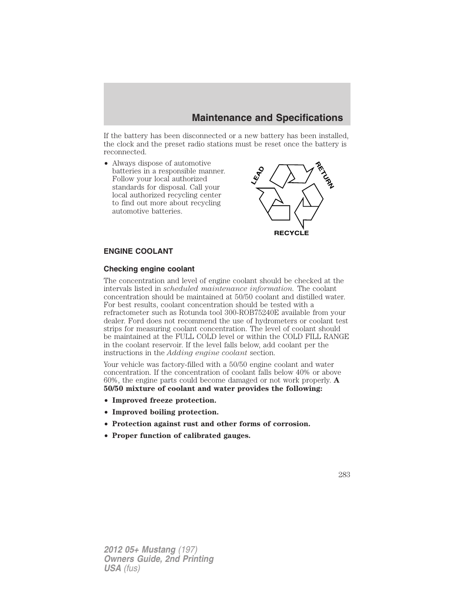 Engine coolant, Checking engine coolant, Maintenance and specifications | FORD 2012 Shelby GT 500 v.2 User Manual | Page 283 / 343