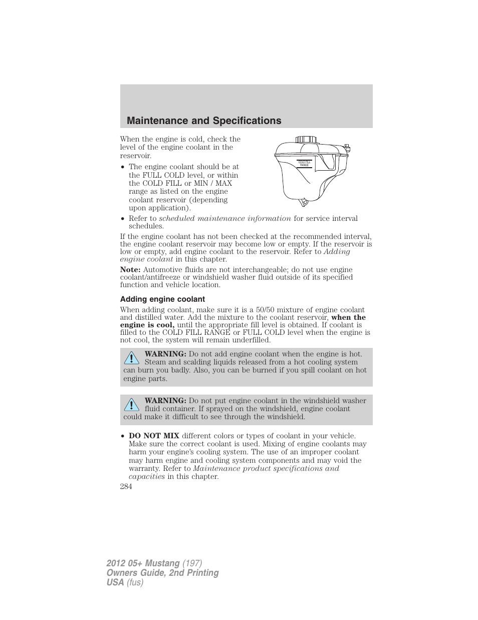 Adding engine coolant, Maintenance and specifications | FORD 2012 Shelby GT 500 v.2 User Manual | Page 284 / 343